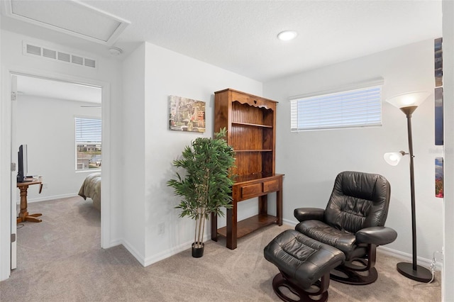 sitting room with a wealth of natural light and light carpet