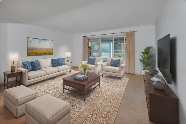 living room featuring light colored carpet