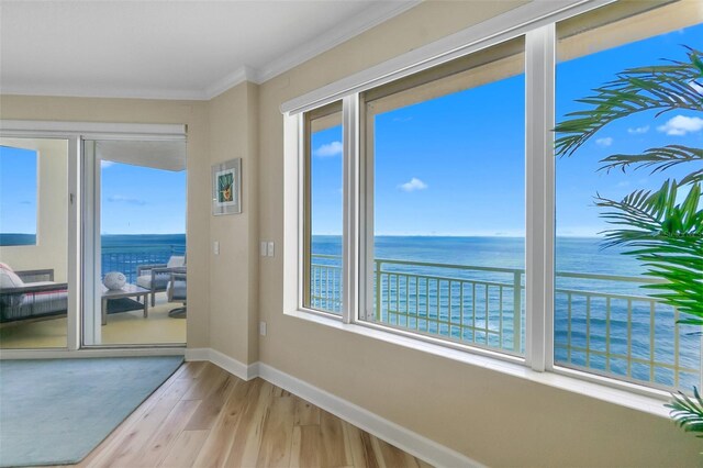 doorway to outside featuring a water view, light hardwood / wood-style flooring, plenty of natural light, and ornamental molding