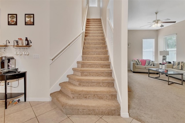 staircase featuring carpet floors and ceiling fan