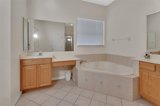 bathroom with tile patterned floors, vanity, and plus walk in shower