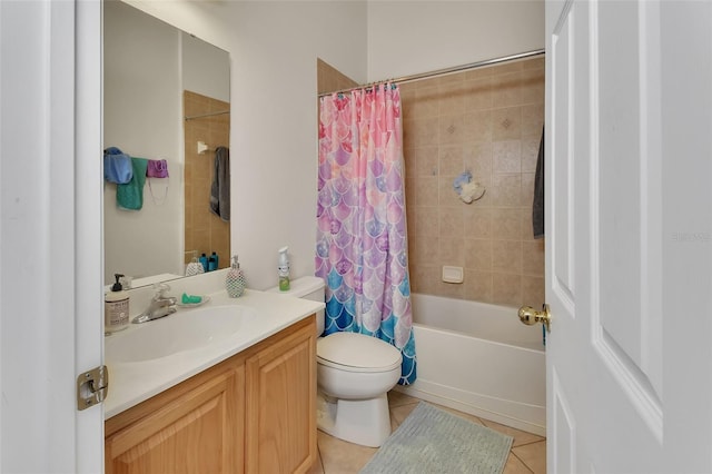 full bathroom featuring tile patterned flooring, shower / bath combo, vanity, and toilet