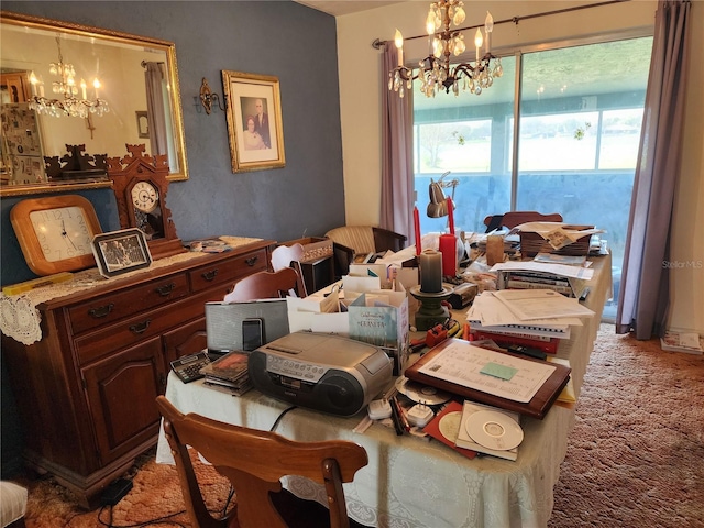 carpeted dining space featuring a notable chandelier