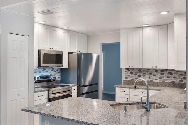 kitchen with sink, light stone countertops, white cabinetry, and stainless steel appliances