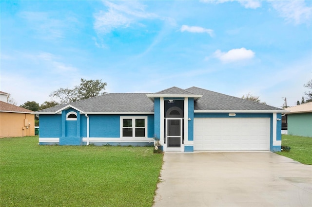 single story home with a garage and a front yard