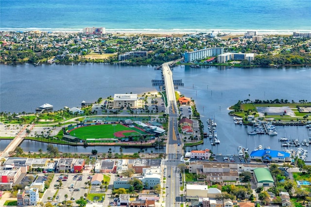 aerial view featuring a water view