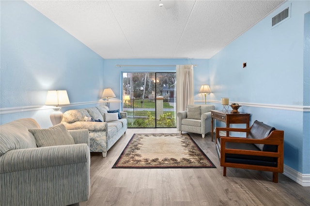 living room with a textured ceiling and wood-type flooring