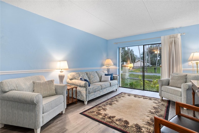 living room with hardwood / wood-style floors, plenty of natural light, and a textured ceiling