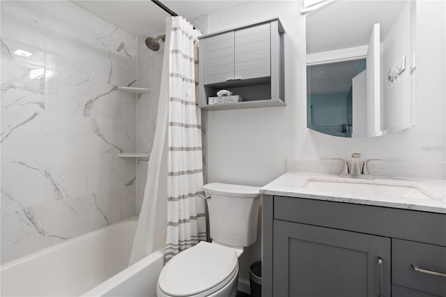 full bathroom featuring vanity, shower / bathtub combination with curtain, and toilet