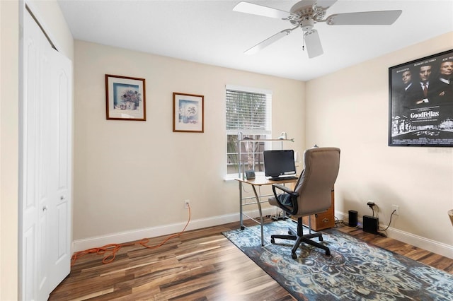 home office featuring hardwood / wood-style flooring and ceiling fan