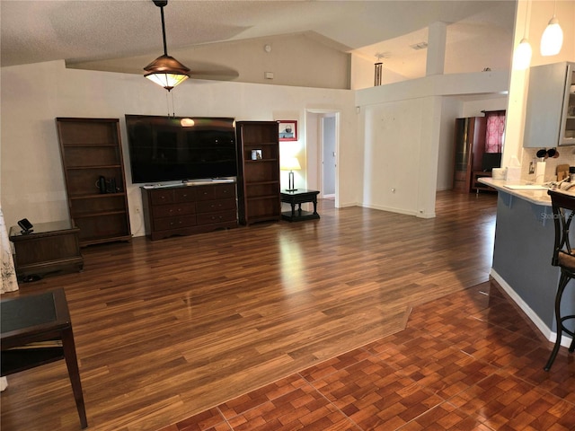 living room featuring dark hardwood / wood-style floors, a textured ceiling, and vaulted ceiling