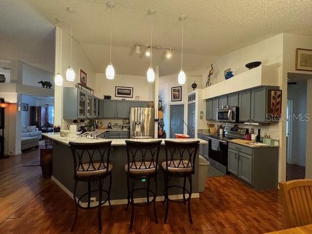 kitchen featuring kitchen peninsula, appliances with stainless steel finishes, a kitchen breakfast bar, and pendant lighting