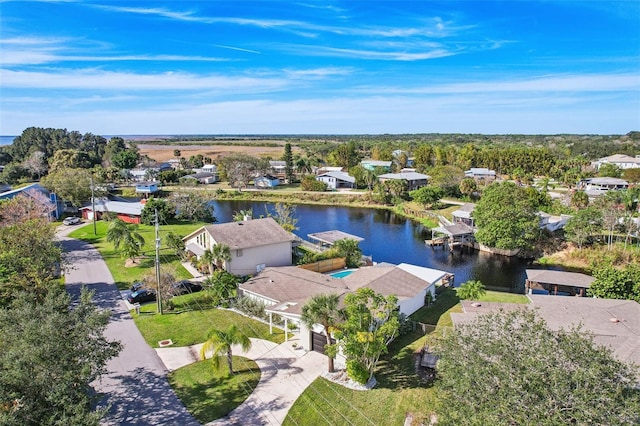 drone / aerial view with a water view