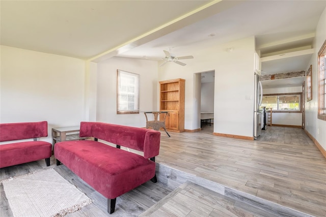 living room with ceiling fan and light wood-type flooring