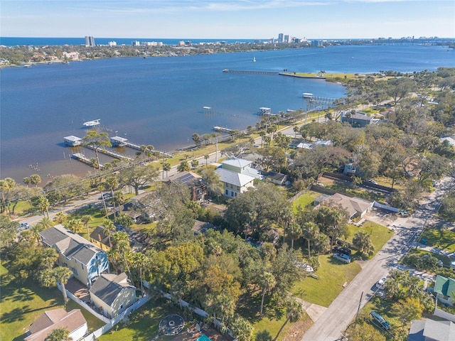 drone / aerial view with a water view