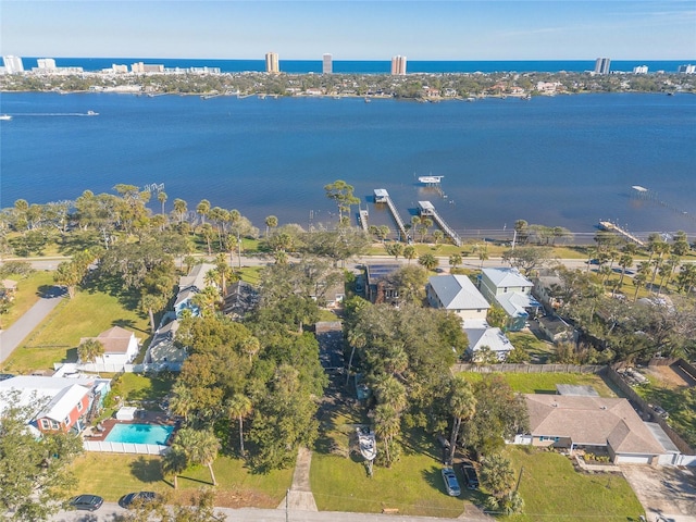 bird's eye view with a water view