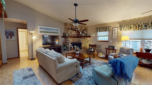 living room with a fireplace, ceiling fan, and lofted ceiling