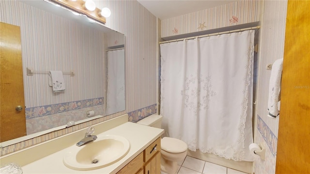 bathroom with tile patterned floors, vanity, curtained shower, and toilet