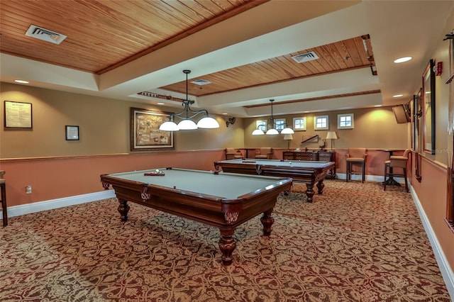 rec room featuring pool table, ornamental molding, a raised ceiling, and wood ceiling