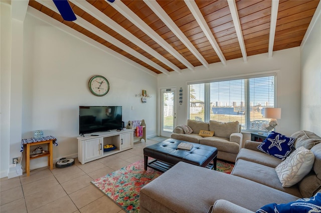 tiled living room featuring ceiling fan, beam ceiling, wood ceiling, and high vaulted ceiling