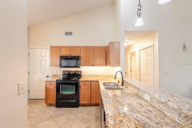 kitchen featuring black appliances, hanging light fixtures, high vaulted ceiling, sink, and light tile patterned flooring