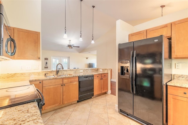 kitchen featuring decorative light fixtures, black appliances, lofted ceiling, ceiling fan, and sink