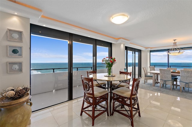 dining room featuring expansive windows, a water view, and a healthy amount of sunlight