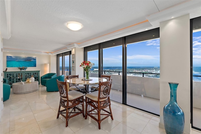 dining area with expansive windows, a water view, and a healthy amount of sunlight