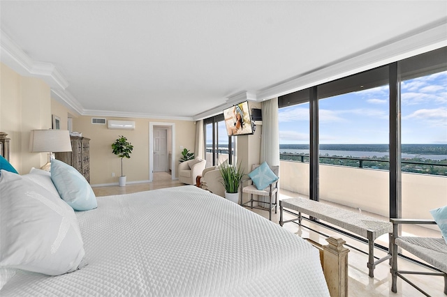 bedroom with a wall mounted AC, crown molding, access to outside, and multiple windows