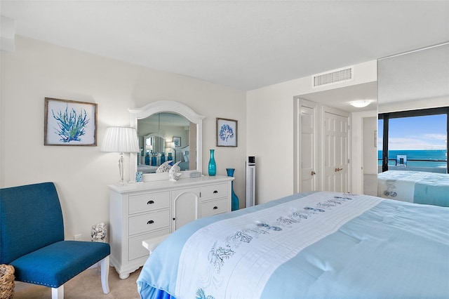 carpeted bedroom with a water view