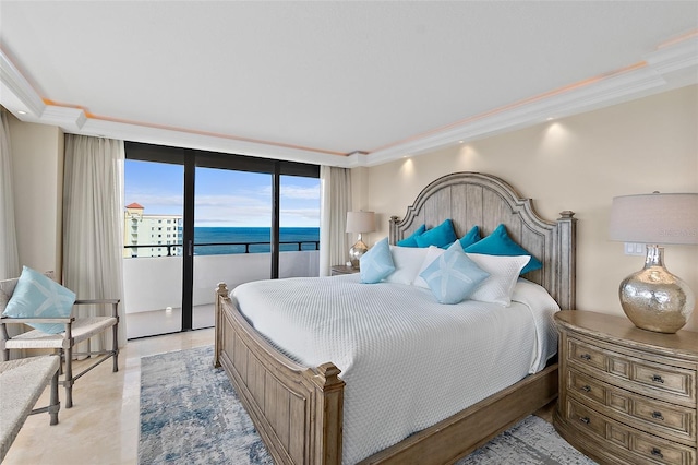 bedroom with access to exterior, expansive windows, a water view, and ornamental molding