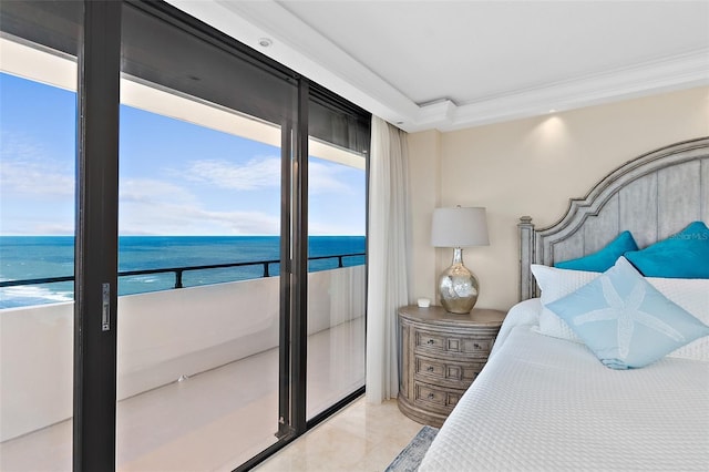 bedroom featuring crown molding and a water view