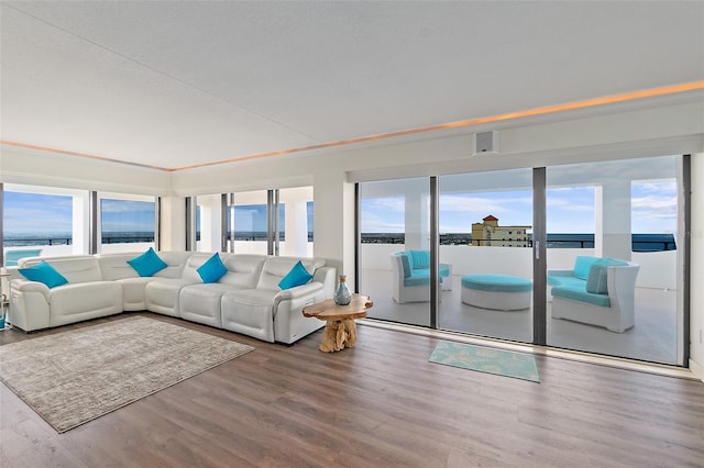 living room featuring hardwood / wood-style floors, a water view, and crown molding