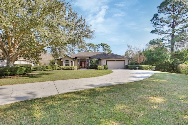 376 Hampton Hills Ct, Debary, FL 32713 - ranch-style house featuring driveway, a garage, a front yard, and stucco siding