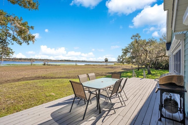 wooden terrace featuring a water view and a yard