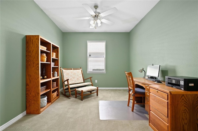 home office with ceiling fan and light colored carpet