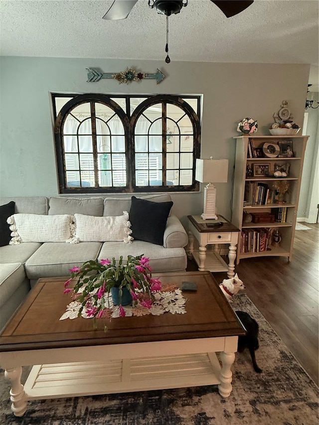 living room featuring wood-type flooring, a healthy amount of sunlight, a textured ceiling, and ceiling fan