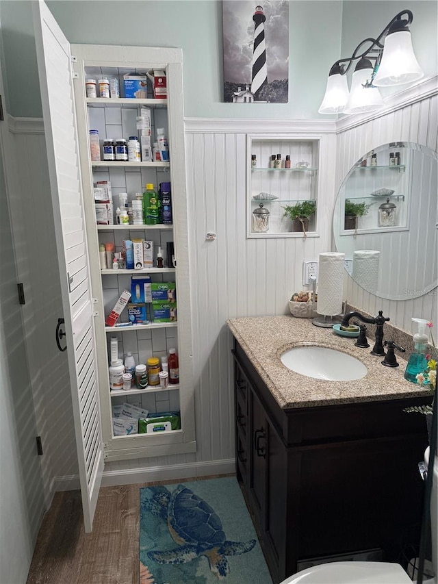 bathroom featuring hardwood / wood-style flooring and vanity