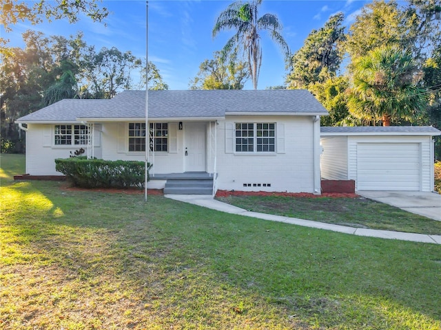 single story home with a porch, a garage, and a front lawn