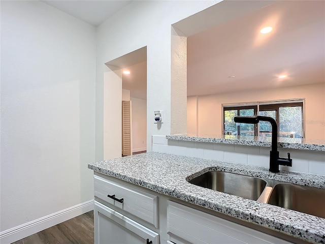 kitchen featuring light stone countertops, sink, and wood-type flooring