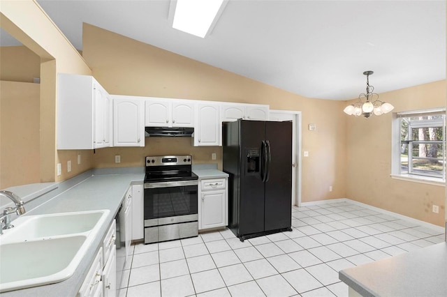 kitchen featuring black refrigerator with ice dispenser, stainless steel electric stove, sink, decorative light fixtures, and white cabinets