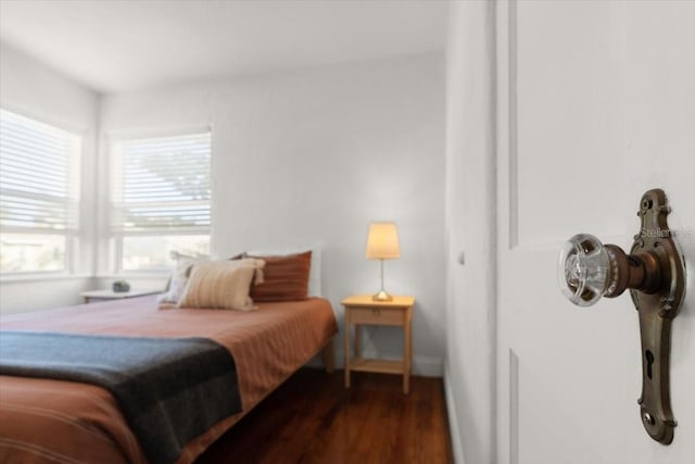 bedroom with dark hardwood / wood-style floors