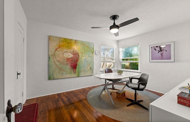 office space with ceiling fan, a textured ceiling, and hardwood / wood-style flooring