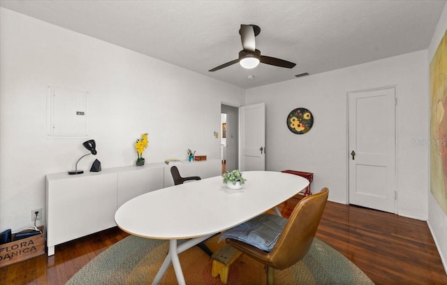 dining area with electric panel, ceiling fan, and dark hardwood / wood-style flooring