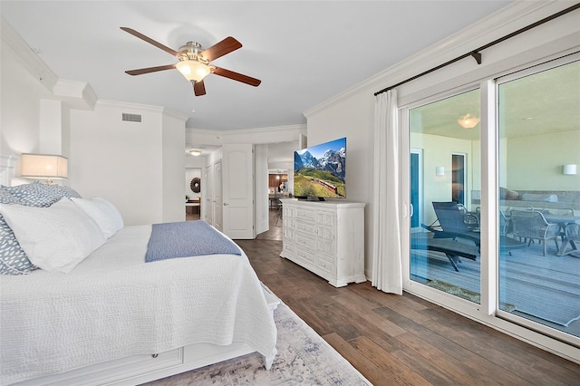 bedroom featuring ceiling fan, access to exterior, ornamental molding, and dark wood-type flooring