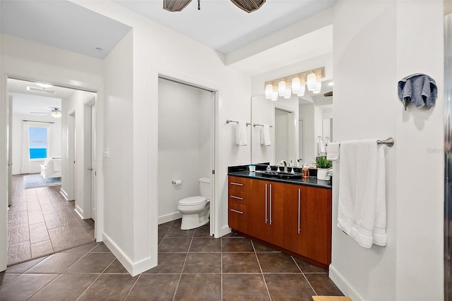 bathroom with tile patterned floors, ceiling fan, vanity, and toilet