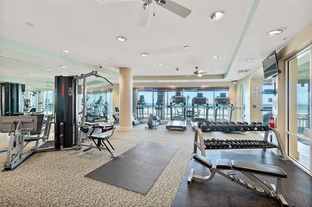 workout area featuring ceiling fan