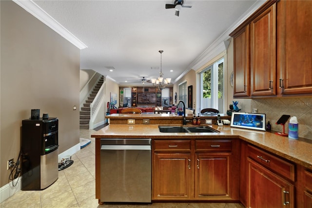 kitchen featuring dishwasher, sink, an inviting chandelier, kitchen peninsula, and ornamental molding