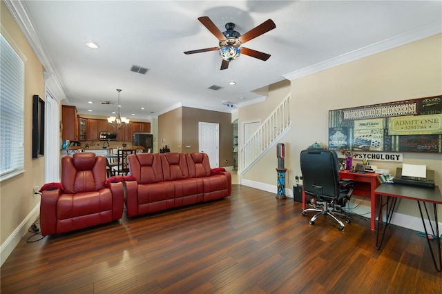 living room featuring ceiling fan with notable chandelier, dark wood-type flooring, and crown molding