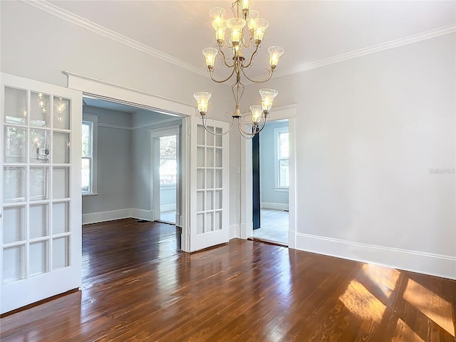 unfurnished dining area featuring dark wood-type flooring and a chandelier